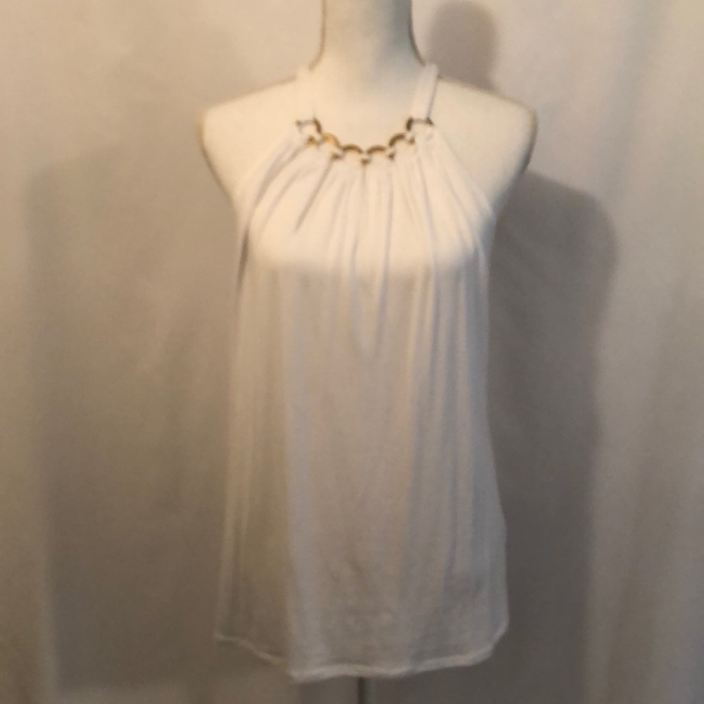 T Tahari white tank with cutouts and gold hardware